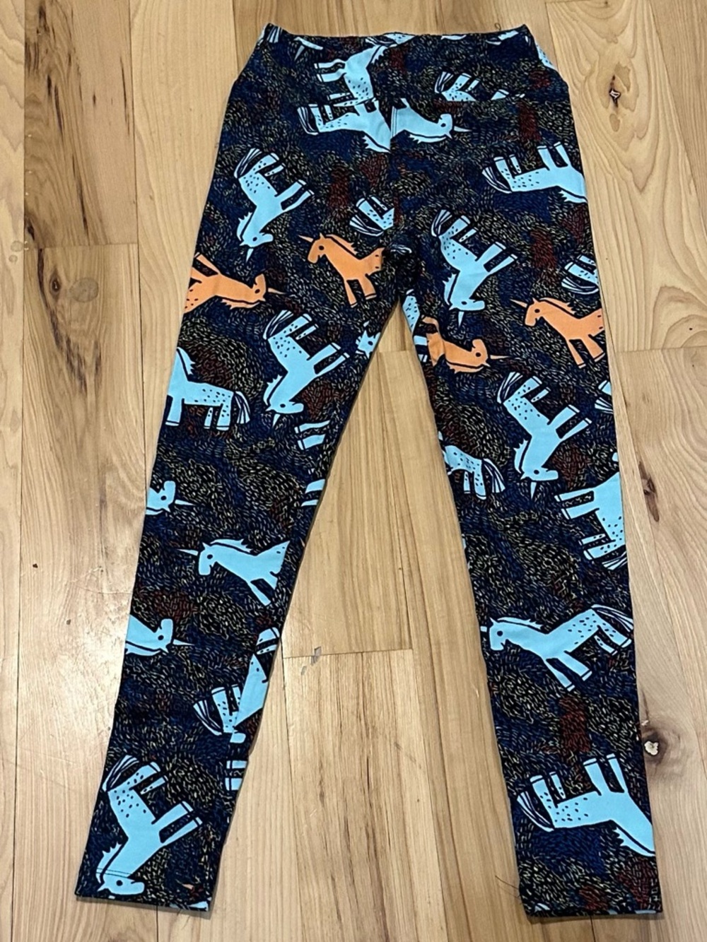 LuLaRoe women’s UNICORN Print Leggings - Navy with Light Blue & Orange Unicorns